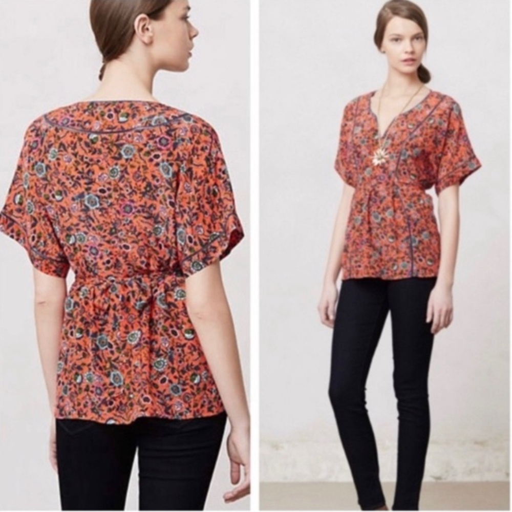 Maeve Anthropologie V-neck Silk Floral Belted Relaxed Kimono Blouse Top XS